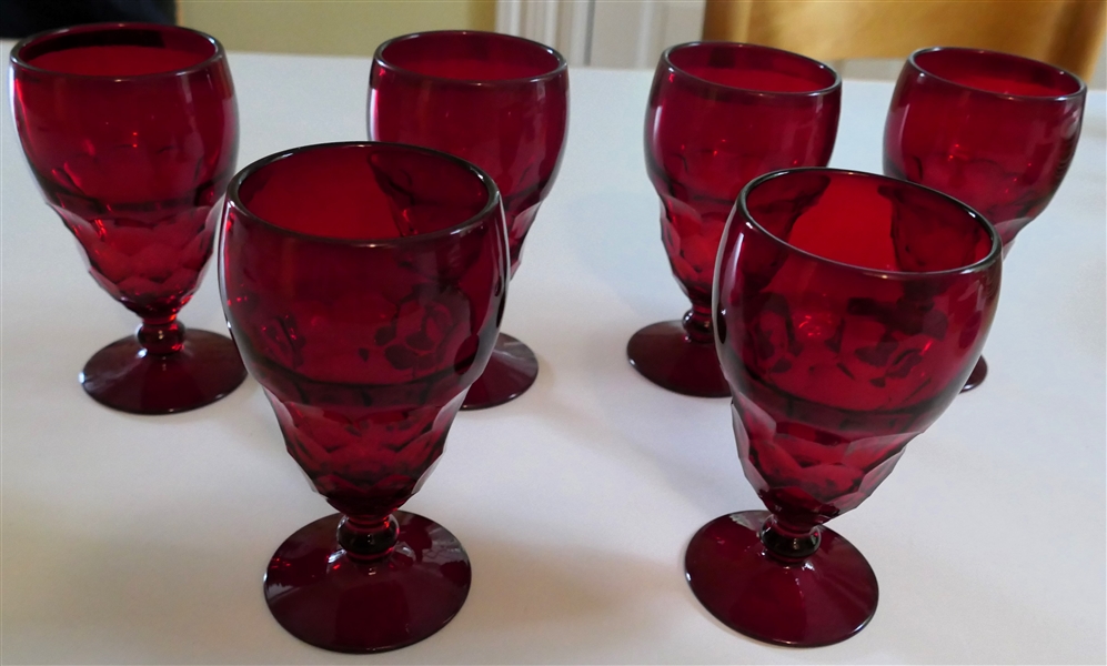 6 Ruby Red Footed Glasses - Each Measures 5 1/2" Tall 