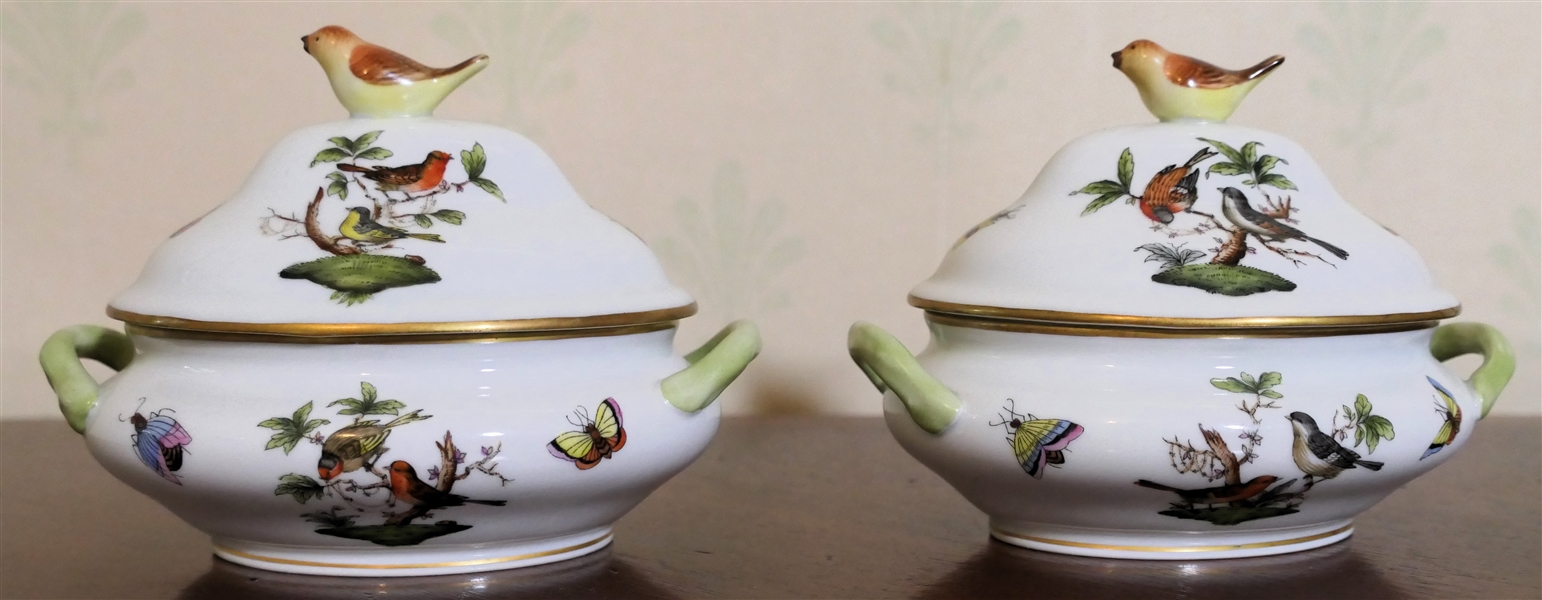  2 Herend Hungary  -Rothschild Bird Handpainted Miniature Tureens with Birds and Insects - Bird Finials - each Measures 4" tall 5" Long 