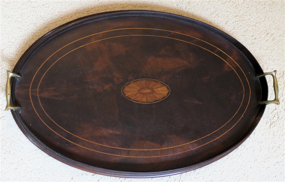 Cowan Chicago Oval Mahogany Tray with Sunburst Inlay - Brass Handles - Tray Measures 23" by 13" 