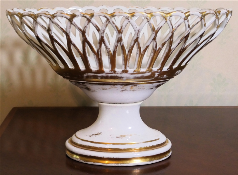 Large White and Gold Porcelain Centerpiece Compote - Measures 10" Tall 14 1/2" by 8 1/2" - Hairline Crack Along Inside Center of Bowl 