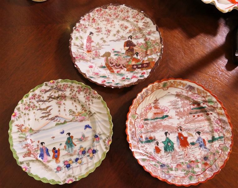 3 Japanese Export Plates with Geisha Girls -Scalloped Edges -  Each Plate Measures 8 1/2" Across  -Some Small Chips Along Edges 