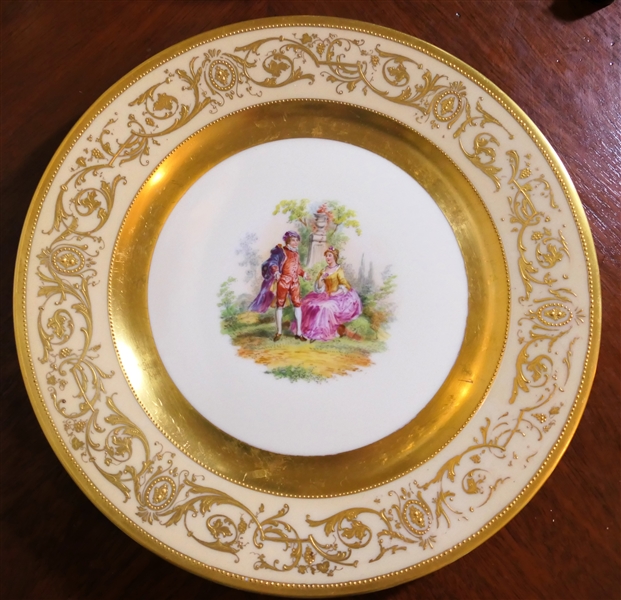 Dresden Made in Germany Plate with Courting Scene - Heavy Gold Trim - Original Sticker on Back - Plate Measures 11" Across 