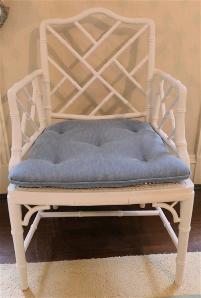 Nice Sturdy Bamboo Cane Bottom Arm Chair with Blue Cushion - Heavy Well Constructed 