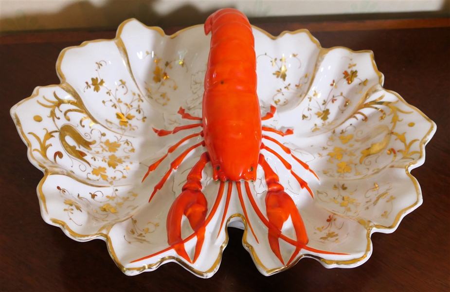 Lobster Divided Dish - Hand Painted Gold Leaves and Scrolling - Measures 4 1/2" Tall 14" By 9" 