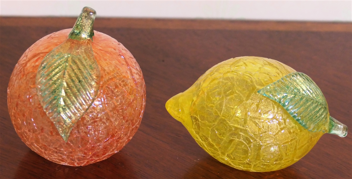 Hand Crafted Crackle Art Glass Fruits - Orange and Lemon - Lemon Measures 4 1/2" Across