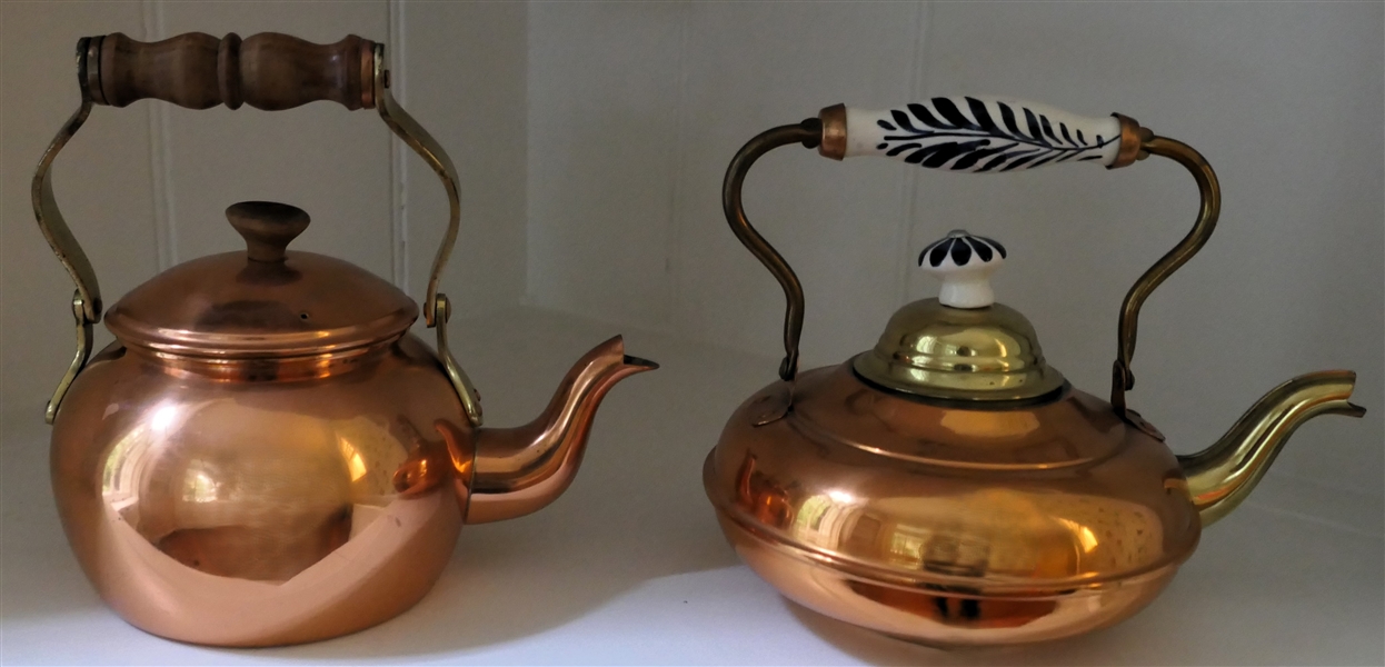 2 Copper Tea Pots - Blue and White Handle - Made in Holland and Wood and Brass Handle Made in Portugal - Holland Measures 8" Across