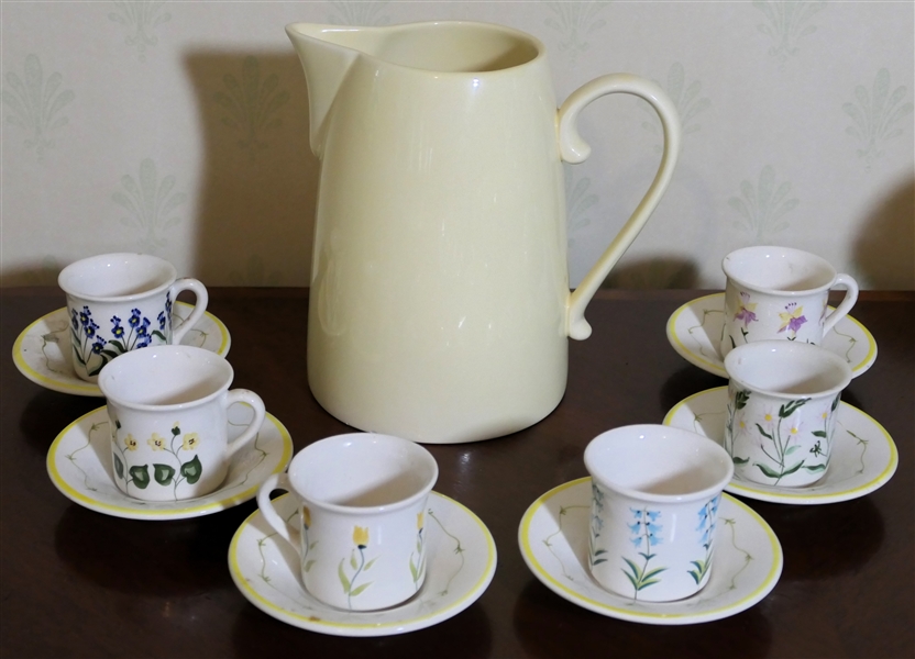 6 - Selca Made in Portugal Cup and Saucer Sets and MSE Yellow Ceramic Pitcher - Measures 10" 