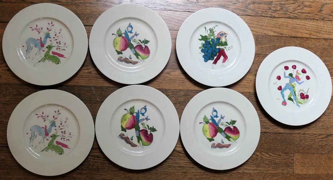 Unusual Castleton China 9" Plates with Fruits, People, and Animals - Signed Vevter 