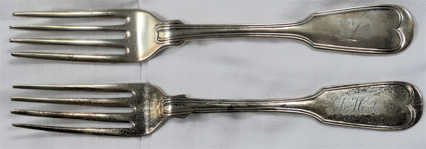 2 Coin Silver Fiddle Handled Fork s- Each Measures 6 3/4" Long  -Both Monogrammed 