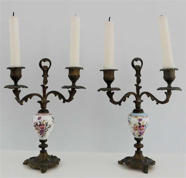 Pair of French Porcelain and Brass Candelabras - Courting Scenes and Florals - Each Candle Stick Measures 9" tall 8" Wide