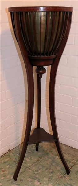 Mahogany Inlaid Plant Stand with Brass Insert -  Mosaic Inlay Around Top Band - Sting Inlay on Legs - Measures 39" tall 13" Across