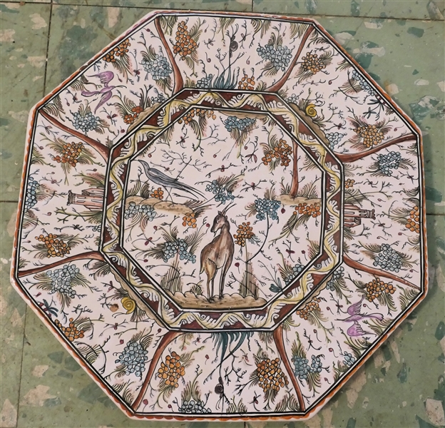 Beautiful Large Hand Painted Portugal Octagon Shaped Charger - Deer and Grape Motif - Measures 17 1/4" Across