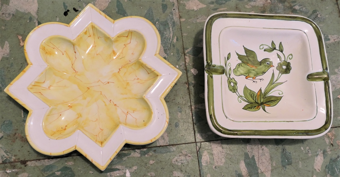 2 Pieces - Hand Painted Italy - Bird Ash Tray and Yellow Quatrefoil Dish - Ash Tray Measures 5 3/4" Across