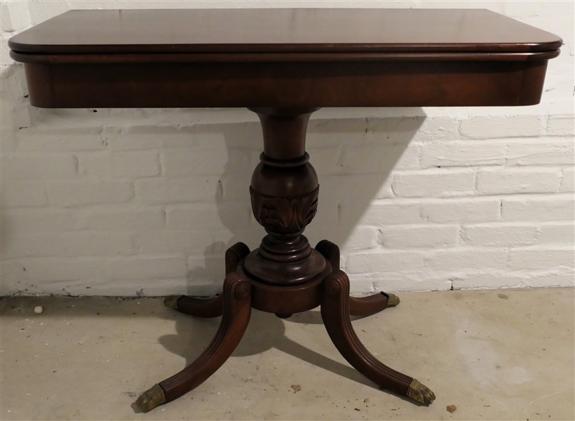 Mahogany Game Table with Carved Pedestal - Brass Claw Feet - Table Measures 29 1/2" tall 36 " by 18" Closed 