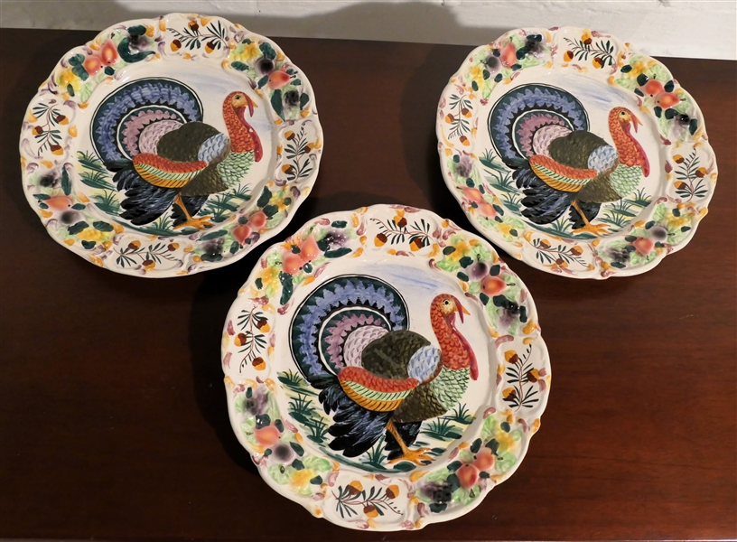 3 - Made in Italy Embossed Turkey Plates - Turkey with Fruit and Acorn Trim - Each Plate Measures 10" Across