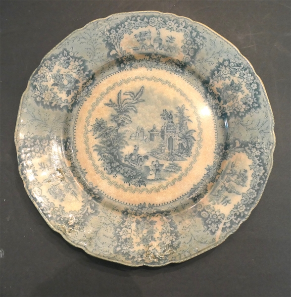 2 - 19th Century Blue and White Transferware "Oriental" Pattern by New Wharf Pottery - England - Plate Measures 9" Across - Some Overall Crazing and Hairline Crack 