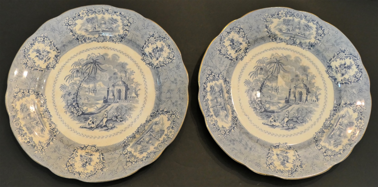 2 - Blue Transferware "Oriental" Pattern Plates - Gold Trim- Each Measures 9 3/4" Across