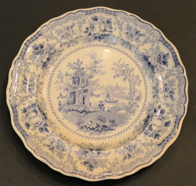 "Ivory Villas" Blue Transferware Plate - Measures 9" Across  -Some Overall Crazing Consistent With Age - Small Hairline Crack in Side