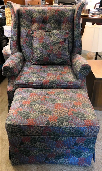 Blue and Burgundy Upholstered Wing Back Chair and Ottoman 