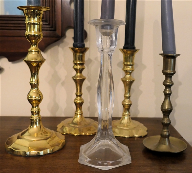 5 Candlesticks 4 Brass 1 Crystal- Tallest Measures 10" 