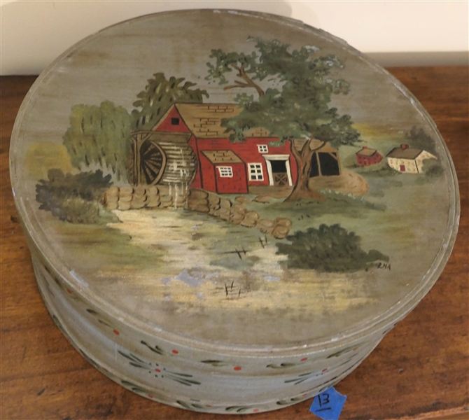 Handpainted Round Wood Box with Old Mill Scene Signed LMA - Measures 15" Across 5" Tall 