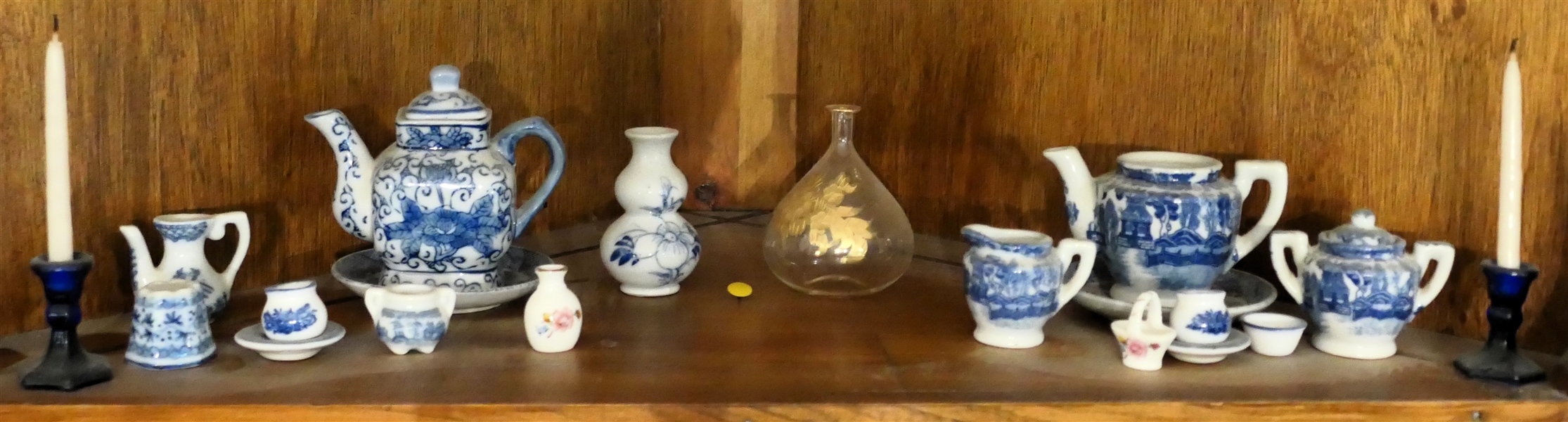 Shelf Lot including Occupied Japan Childs Blue Willow Tea Set - Missing Tea Pot Lid, Chinese Blue Tea Pot, Cobalt Blue Miniature Candle Sticks, Miniature Vases - Gold Decorated Bud Vase -  Blue and...