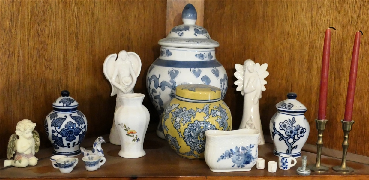 Shelf Lot including Blue and White Ginger Jar, Blue and White Ginger Jar Style Salt & Pepper Shakers, Yellow and Blue Ginger Jar, Miniature Cups, and Angel Figures - Largest Ginger Jar Measures 9"...