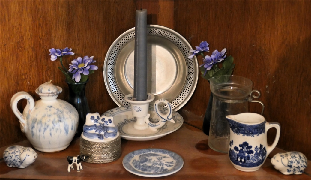 Shelf Lot including Pierced Pewter Plate, Teague Pottery "Pot Luck" Jug 4" Tall, Blue and White Chamber Stick, Blue and White Pig 