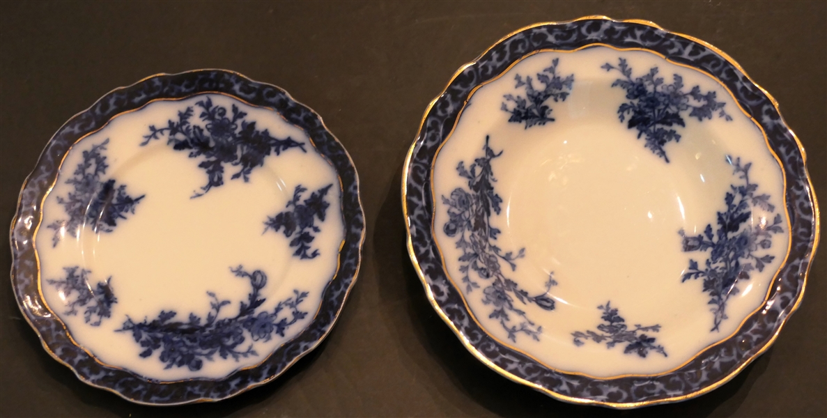 2 Pieces of 19th Century Flow Blue "Touraine" Pattern - 8 1/2" Soup Bowl and 7 1/2" Plate