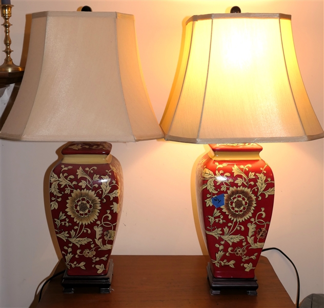 Pair of Beautiful Red and Yellow Asian Inspires Decorator Lamps - Each Measures 16" To Bulb