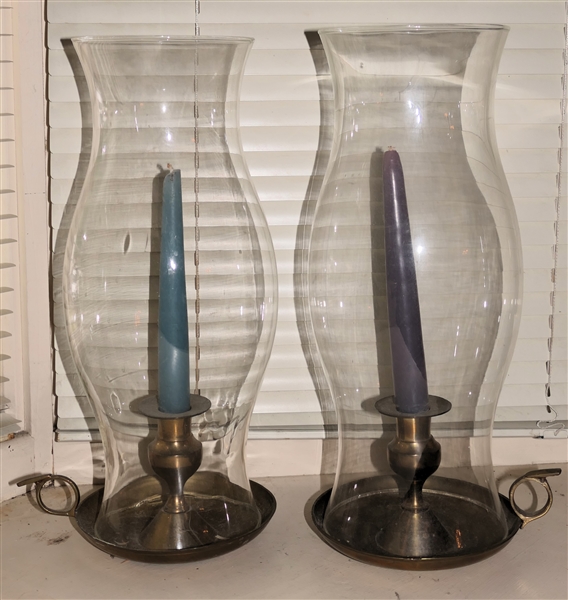 Pair of Brass Chamberstick Candle Holders with Glass Hurricane Shades - Each Measures 14 1/2" Tall 