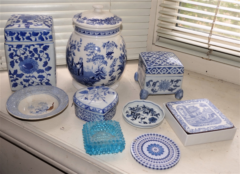 Collection of Blue and White Pieces - Ginger Jar, Square Jars, and Blue Italian Coasters - Ginger Jar Measures 7 1/2" Tall 