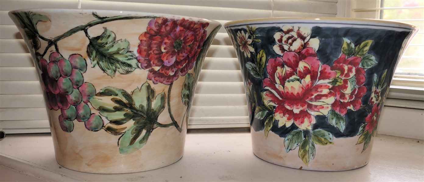 Pair of Pretty Floral Ceramic Planters - Each Measures 6" Tall 9" across