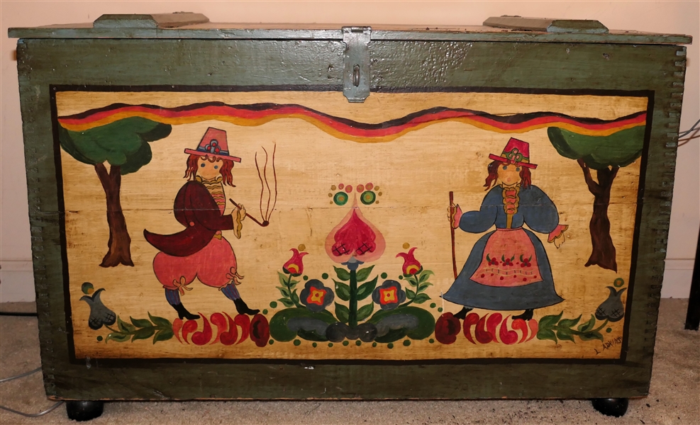 Folk Art Hand Painted Trunk - Pennsylvania Dutch Scenes - By L. Adkins - Chest Measures 20 1/2" tall 32" by 15" 