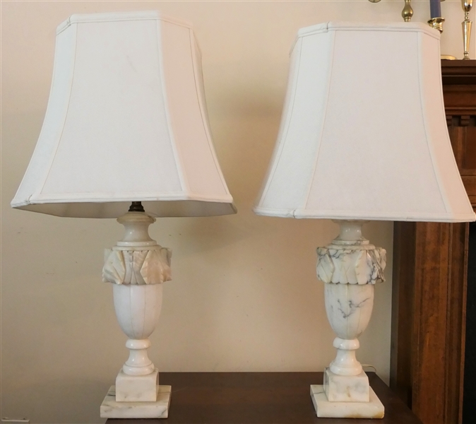 Pair of Alabaster Table Lamps - Carved Leaf Details - Lamps Each Measure 18" to Bulbs - 1 Missing Finial 