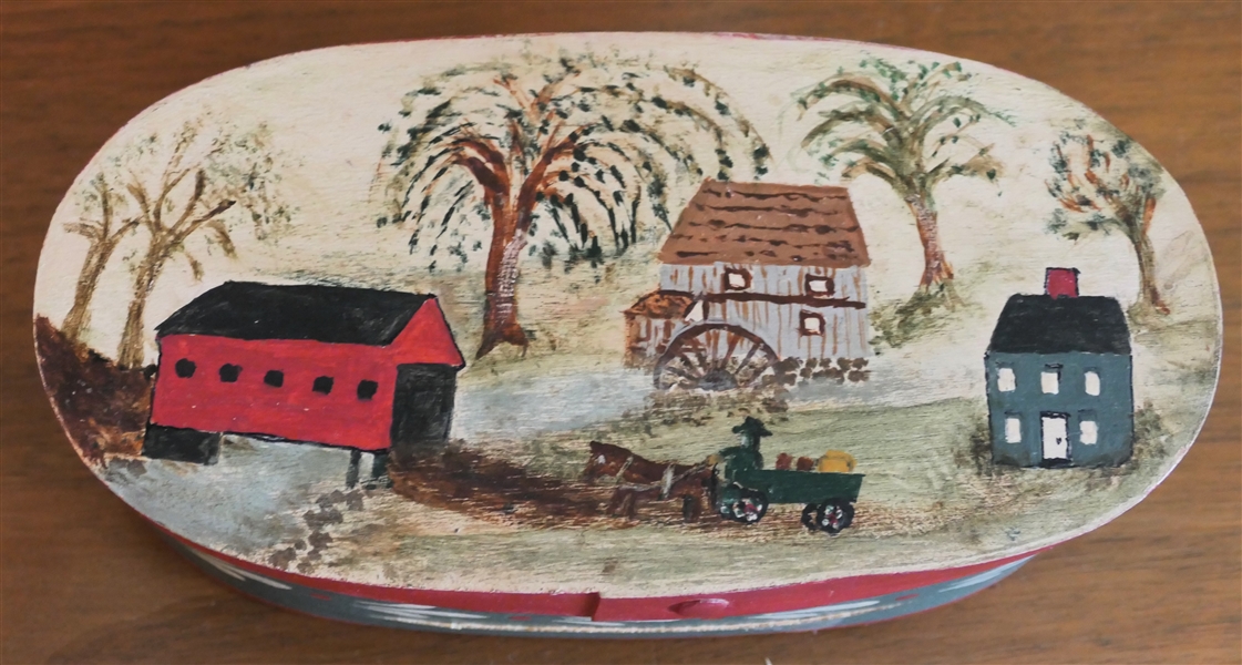 Hand Painted Shaker Style Oval Box with Farm Scene - Mill, Tractor, Houses, and Trees - Box Measures 2 1/2" tall 7 1/2" by 4" - Box Has Split in Side 