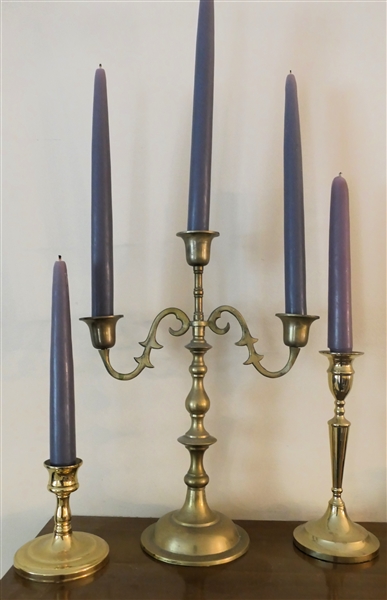 3 Brass Candle Sticks - 3 Branch Measures 12" Smallest Measures 4"