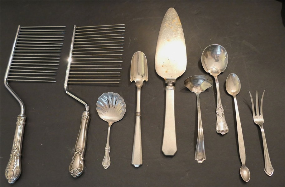 9 Sterling Silver Pieces - 2 Sterling Silver Handled Cake Combs, International "Joan of Arc" Sugar Spoon, Sterling Handled Cheese Scoop, Towle Sterling Double Ended Spoon, and Others -88 Grams...