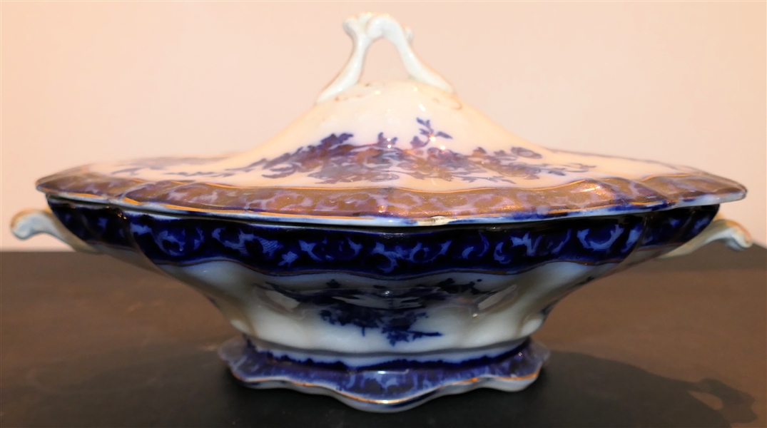 Flow Blue "Touraine"  Dish with Lid - Stanley Pottery - Covered Dish Measures 11" by 7" - Base Has Chip on Inside 