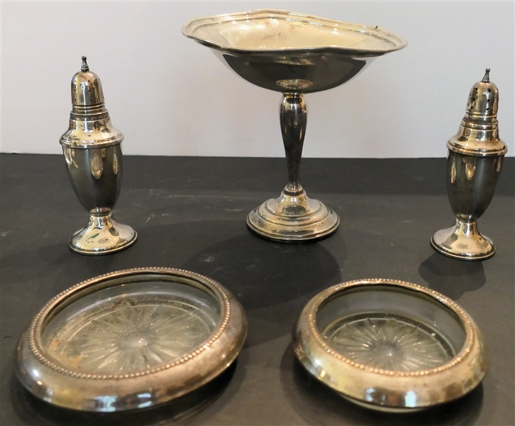 5 Pieces of Sterling Silver including Sterling Silver Weighted Compote, Reed & Barton Sterling Silver Shakers with Glass Inserts, and Sterling Rimmed Coasters - Compote Measures 6" Tall 