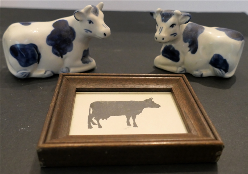 Pair of Handpainted Delf Blue Cow Salt and Pepper Shakers and Miniature Cow Silhouette from Calligraphy Studio Asheboro, NC - Frame Measures 3" by 4" 