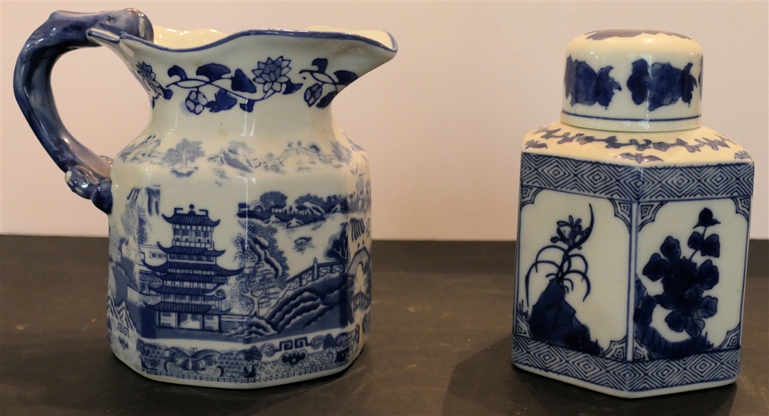 Blue Willow Ironstone Pitcher and Chinese Blue and White Jar - Pitcher Measures 5 1/2" Tall 