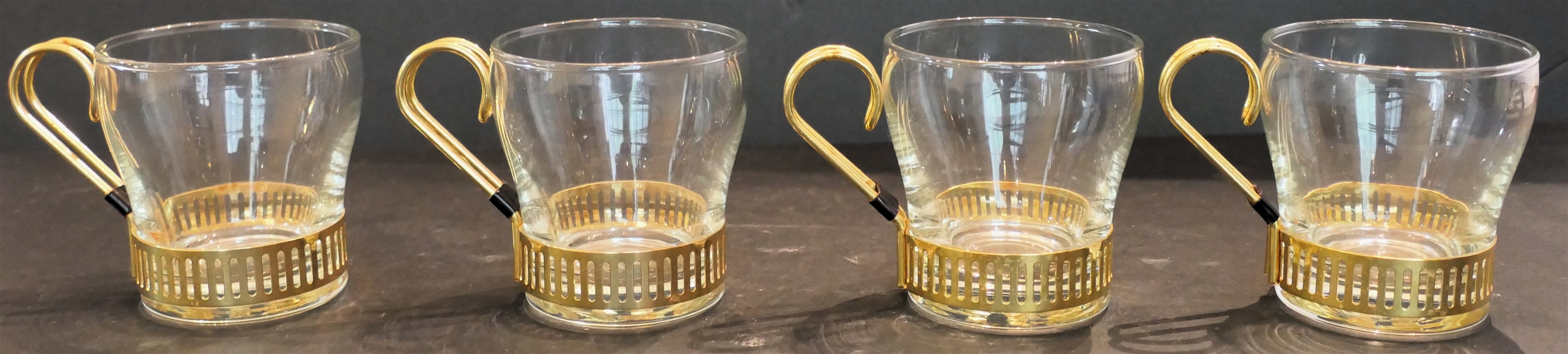 4 Mid Century Modern Mugs with Gold Tone Frames - Clear Libbey Glass Inserts - Each Measures 3" Tall 