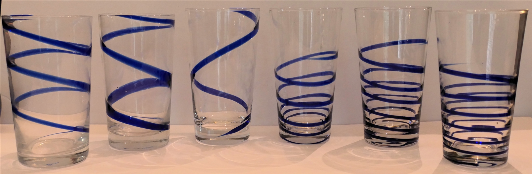 6 Cobalt Blue Swirl Iced Tea Glasses - 3 Ribbed and 3 Smooth Each Measures 6 1/2" Tall 