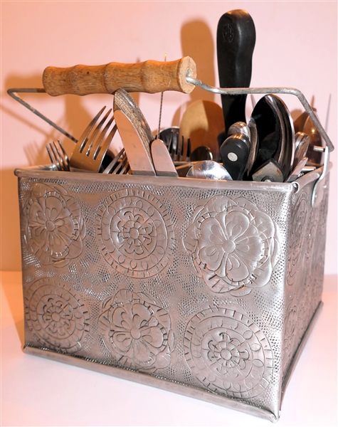 Very Nice Hand Engraved  Metal Utensil Holder / Caddy  - Wood Bail Handle  with Utensils, Flatware, Knives, Etc.- Measures 7" tall 9" by 9" 