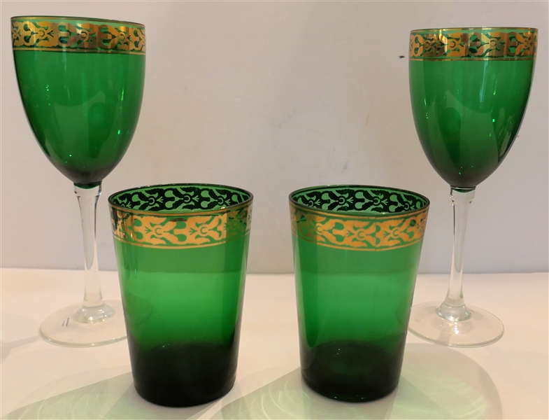 4  Forest Green and Gold Hand Blown Glasses - 2 Goblets and 2 Tumblers - Goblets Measure 9" Tall 