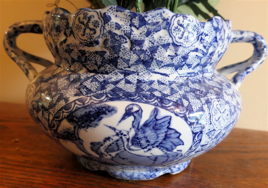 Chinese Blue and White Decorative Double Handle Planter Flora Scene and Sponge Details - Measures 5 1/2" tall 6" Across