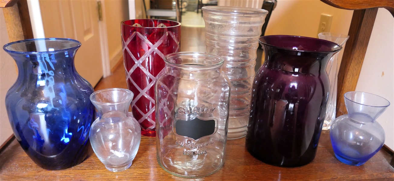 8 Glass Vases - Cobalt Blue, Amethyst, Ruby and Clear, and Others 