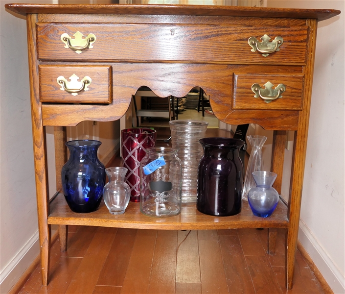 Nice Narrow Oak Table with 3 Drawers Scalloped Front - Tapered Legs - Table Measures - 30" Tall 32" by 12" NO CONTENTS