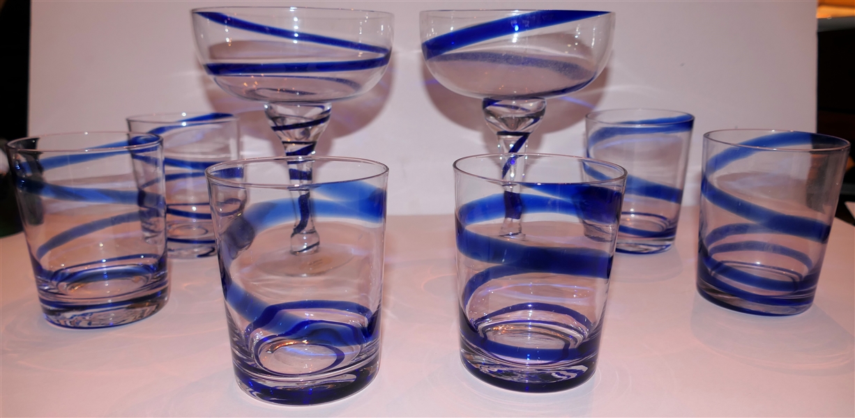 8 Cobalt and Clear Swirled Glasses - 6 Tumblers and 2 Margarita Glasses - Tumblers Measure 4" Tall 